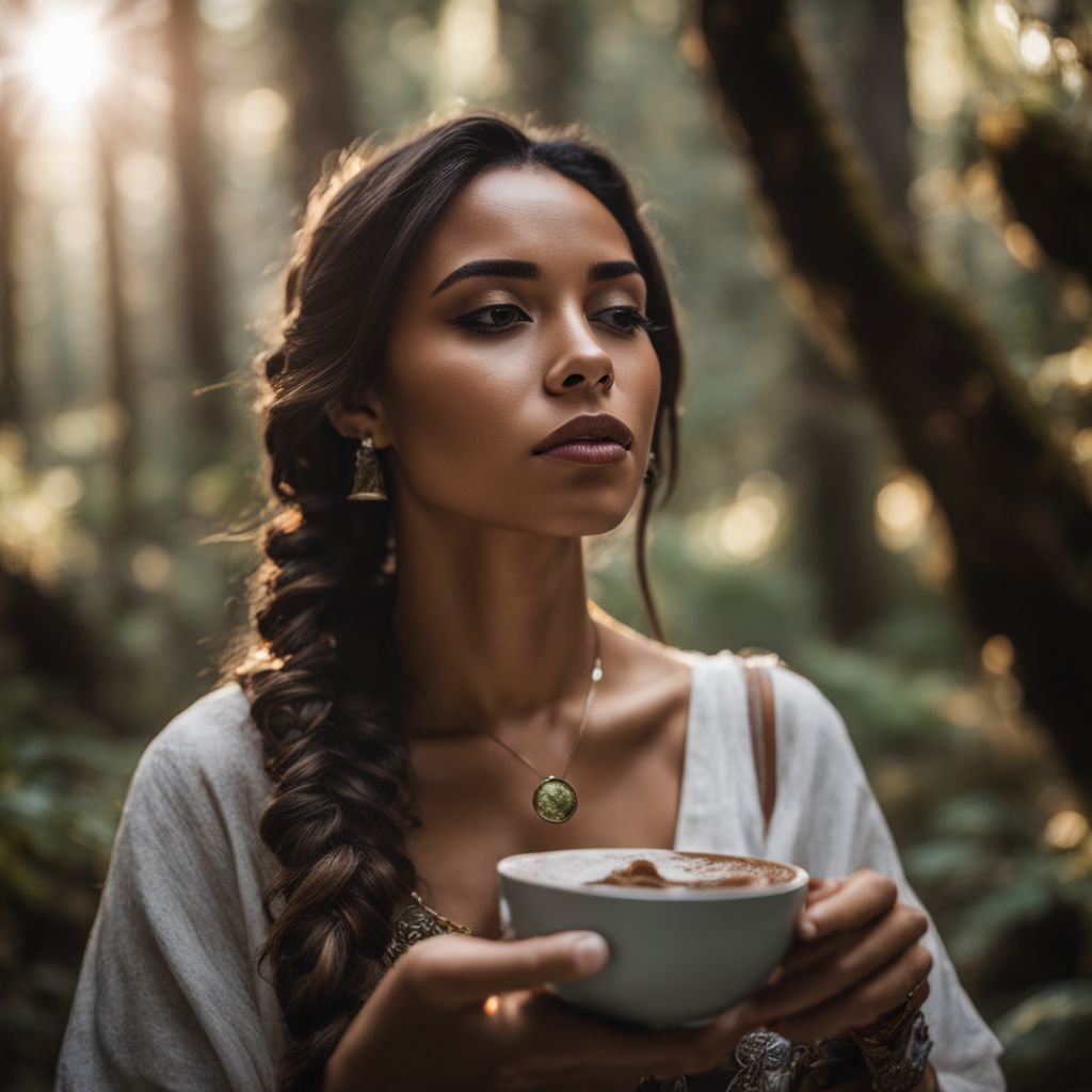 A person enjoying ceremonial cacao in a tranquil forest setting.