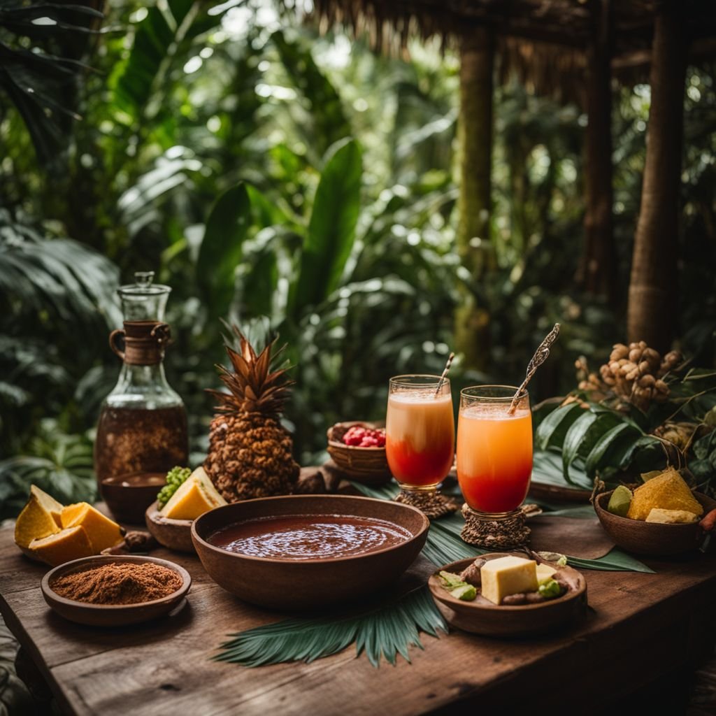 A table set with colorful cacao ceremonial drinks and ingredients.