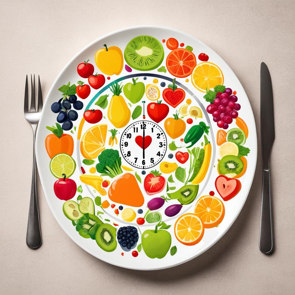 A colorful plate with various fruits and vegetables arranged in a circular pattern, surrounded by icons of a measuring tape, a heart, and a clock to represent the health benefits, cardiovascular benefits, and time restrictions of the Fasting Mimicking Diet.