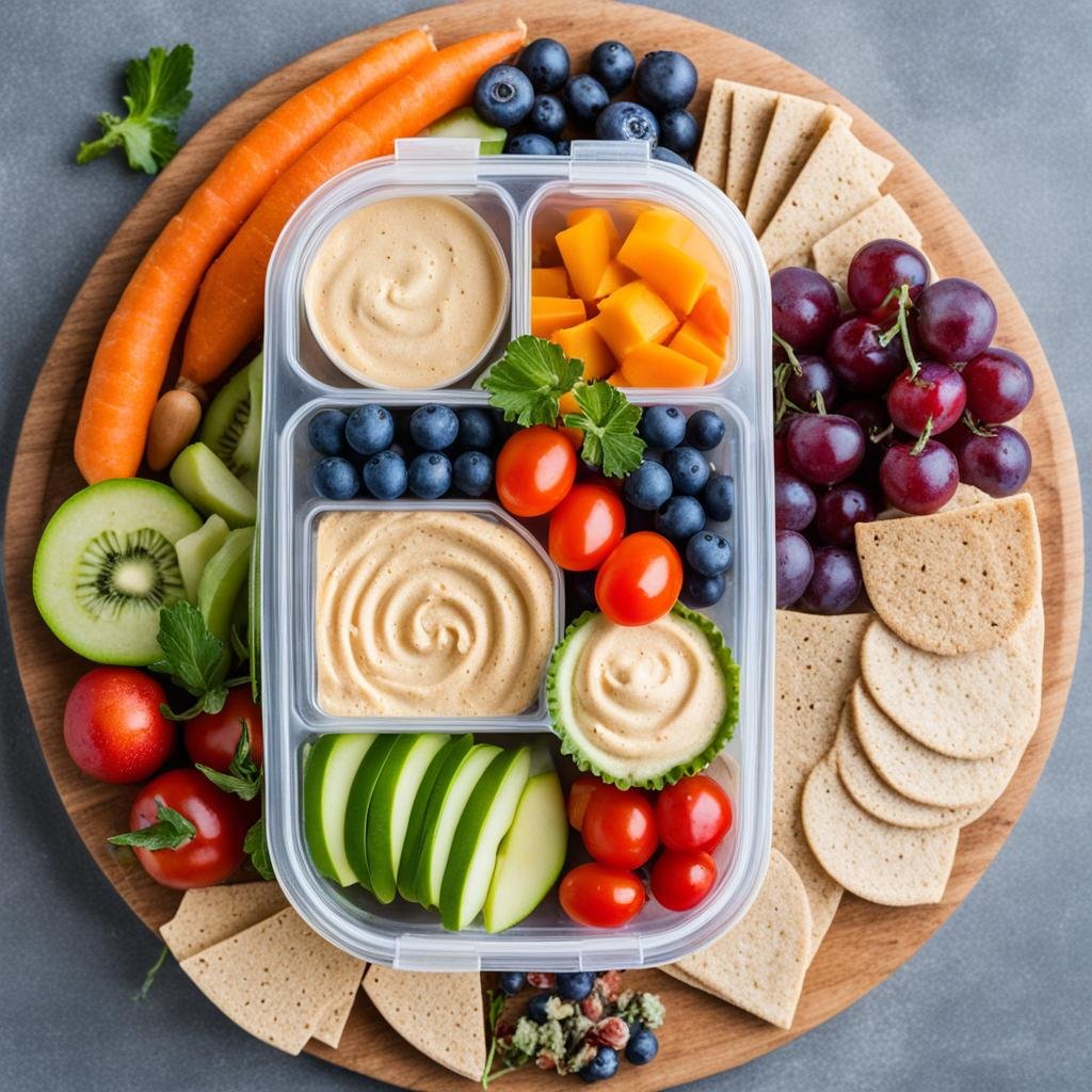 A bento box filled with colorful fruits and vegetables, including sliced carrots, cherry tomatoes, grapes, and blueberries. In the center of the box is a small serving of hummus with a sprinkling of paprika on top. Surrounding the hummus are a few rice crackers and raw almonds. The lid of the box is slightly ajar, revealing the nutritious contents inside.