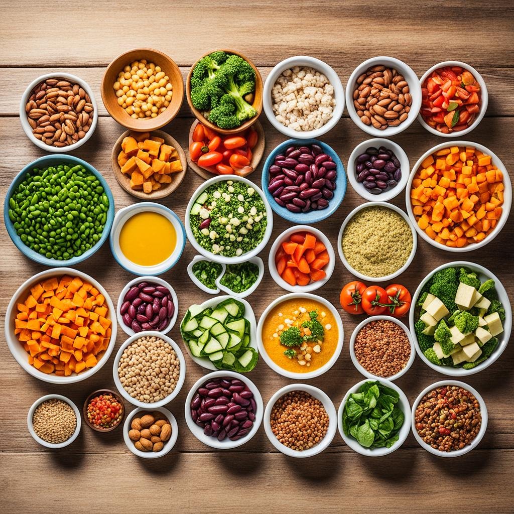 A colorful array of small, portion-controlled meals in different bowls and plates that vary in shape and size, each containing a different mix of vegetables, grains, and protein sources such as beans, tofu, and nuts. The meals are arranged on a wooden table with a neutral-colored background and are accompanied by a glass of water and a small dish of olives.