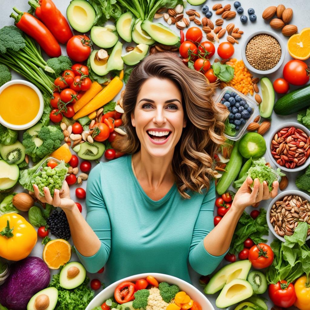 A depiction of a person happily preparing a variety of meals using fresh ingredients, including vegetables, fruits, nuts, and seeds, while incorporating the principles of the Fasting Mimicking Diet. The image should be bright and colorful, with a focus on healthy food choices and meal prep.