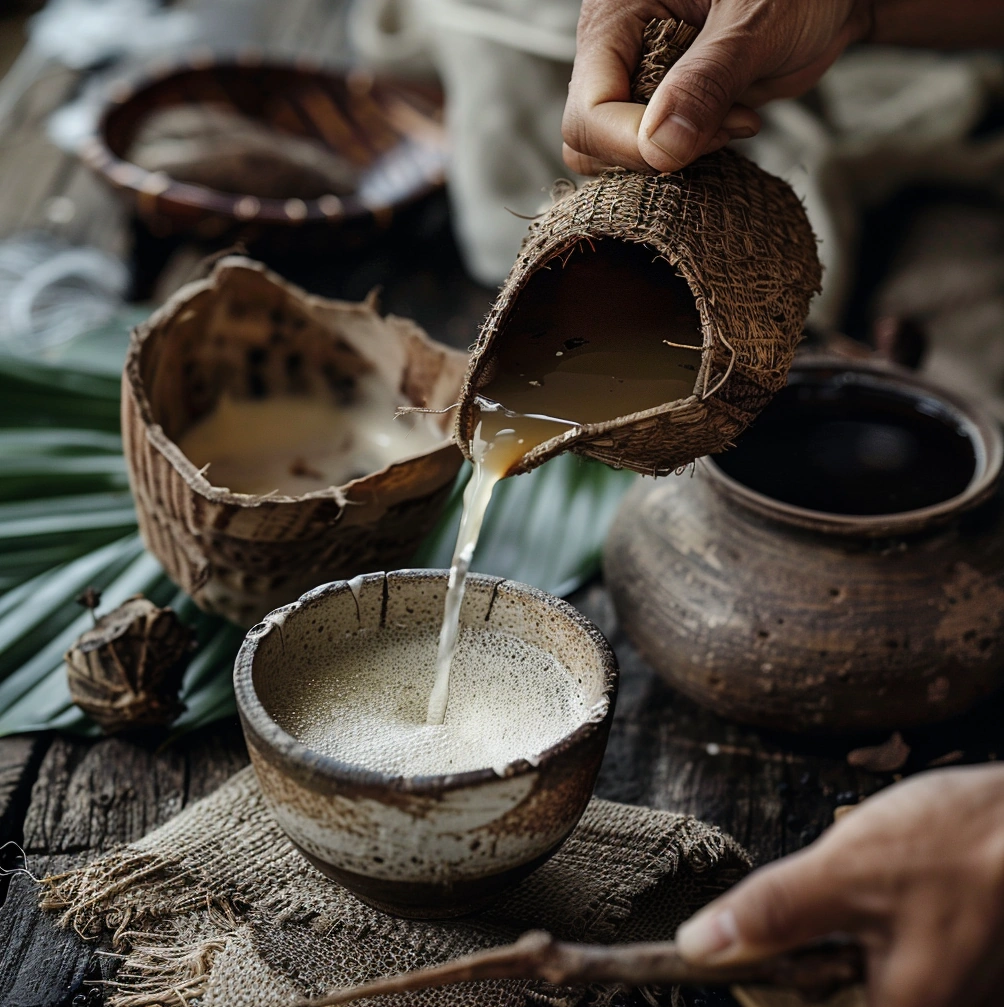 a traditional kava tea preparation scene, highlighting the process of brewing kava roots and straining the liquid