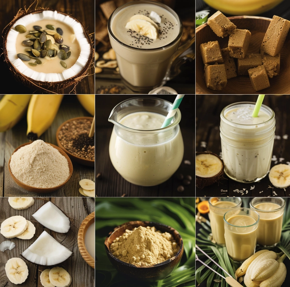 a collage of visually appealing kava recipes, such as kava smoothies, cocktails, and traditional kava tea. Include colorful ingredients like bananas, coconut milk, and kava powder to showcase the diverse culinary possibilities of kava.