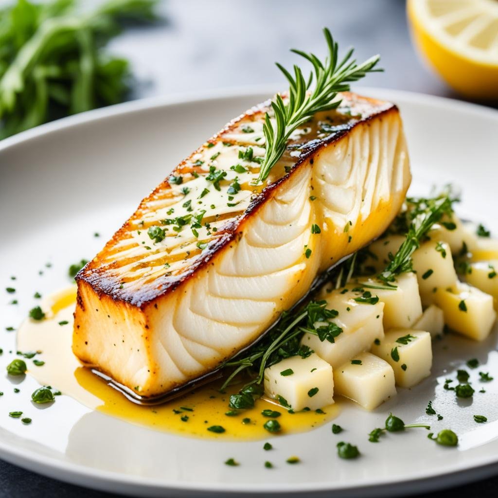 A close-up of a golden-brown seared Chilean sea bass fillet, sprinkled with freshly chopped herbs. The fish is served on a white plate with a drizzle of lemon butter sauce, garnished with a slice of lemon and a sprig of thyme.