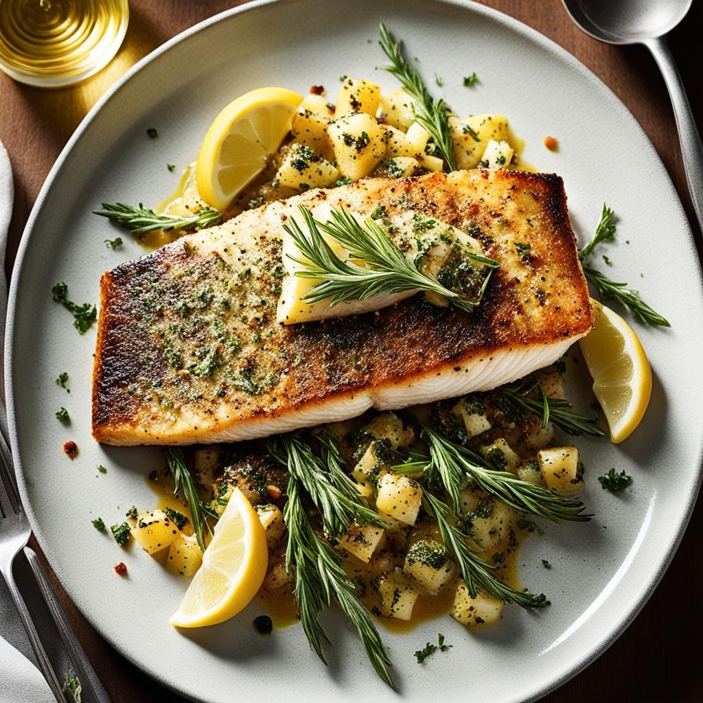 a golden-brown sea bass fillet with a crispy herb crust, seared to perfection in a sizzling hot pan. The flaky, juicy flesh is tender and succulent, with hints of sweet and savory flavors that melt in your mouth