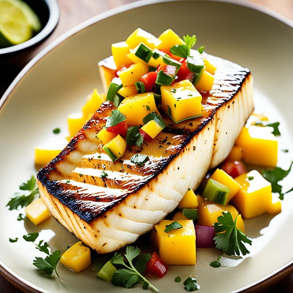 a perfectly seared Chilean sea bass fillet with a generous serving of fresh, vibrant mango salsa on top