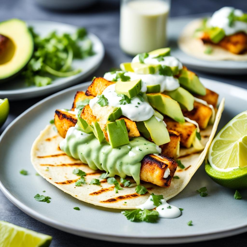 a plate of golden-brown pan-seared Chilean sea bass tacos, topped with a dollop of creamy avocado lime crema