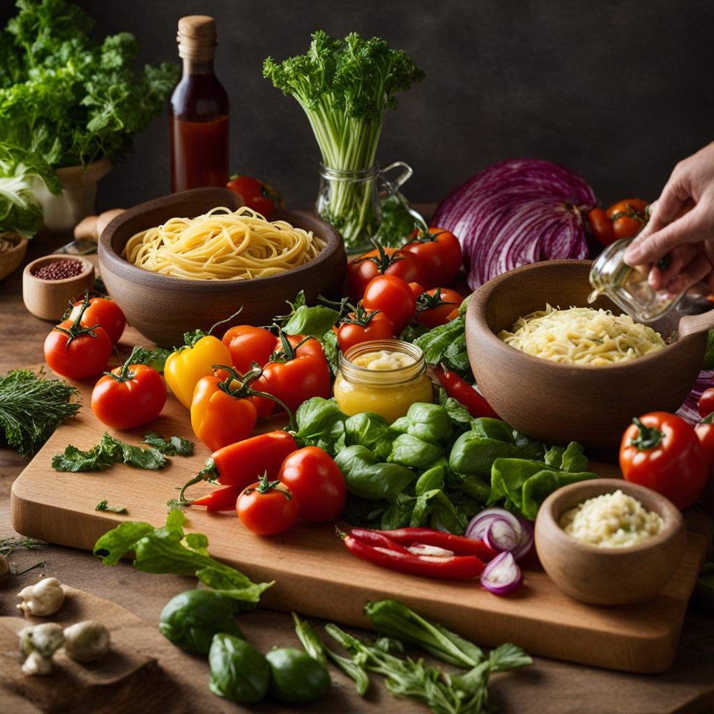 a colorful array of fresh ingredients, such as vegetables and herbs, arranged neatly on a wooden cutting board, with a bowl of cooked pasta in the background