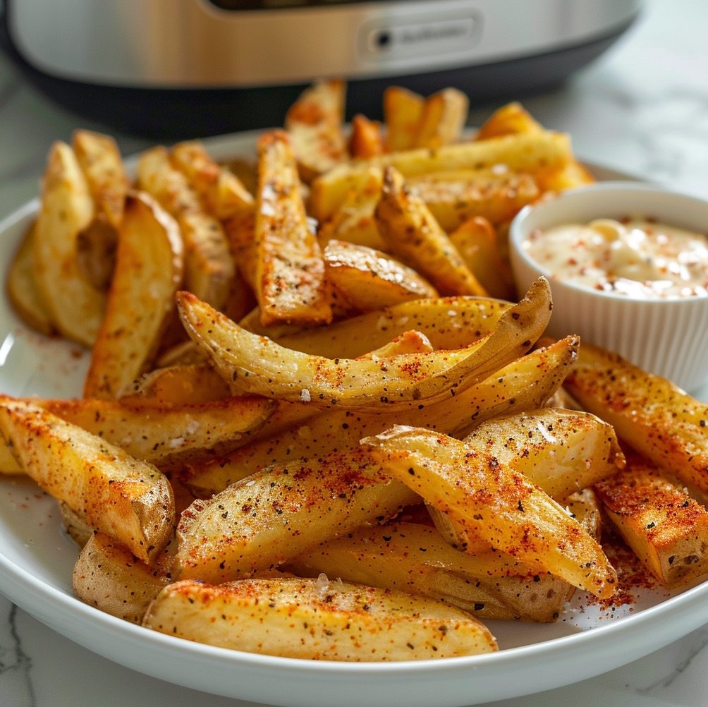 an air fryer dish featuring golden and crispy fries, perfectly seasoned with salt and paprika. The fries are arranged in a neat pile on a white plate with a side of creamy garlic aioli for dipping. 