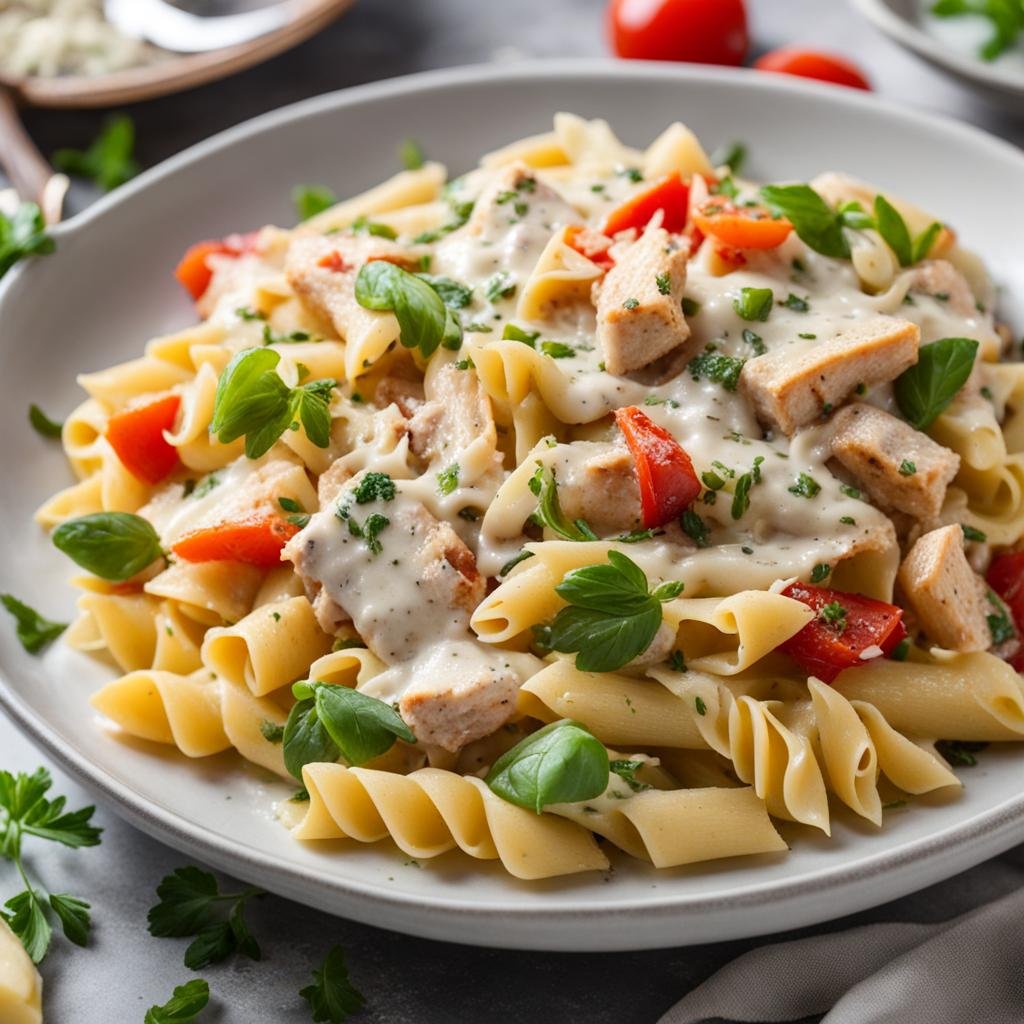 A steamy plate of pasta tossed in a creamy white sauce, with chunks of chicken and colorful vegetables mixed in. The pasta is perfectly al dente, and the dish is garnished with fresh herbs and grated Parmesan cheese.