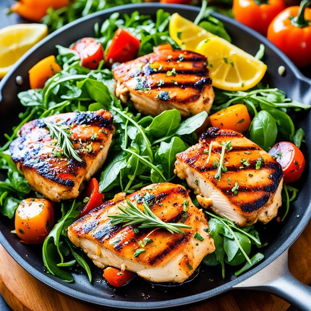 A close-up of a skillet filled with savory grilled chicken thighs, seasoned with rosemary and lemon zest, sitting on a bed of fresh arugula.