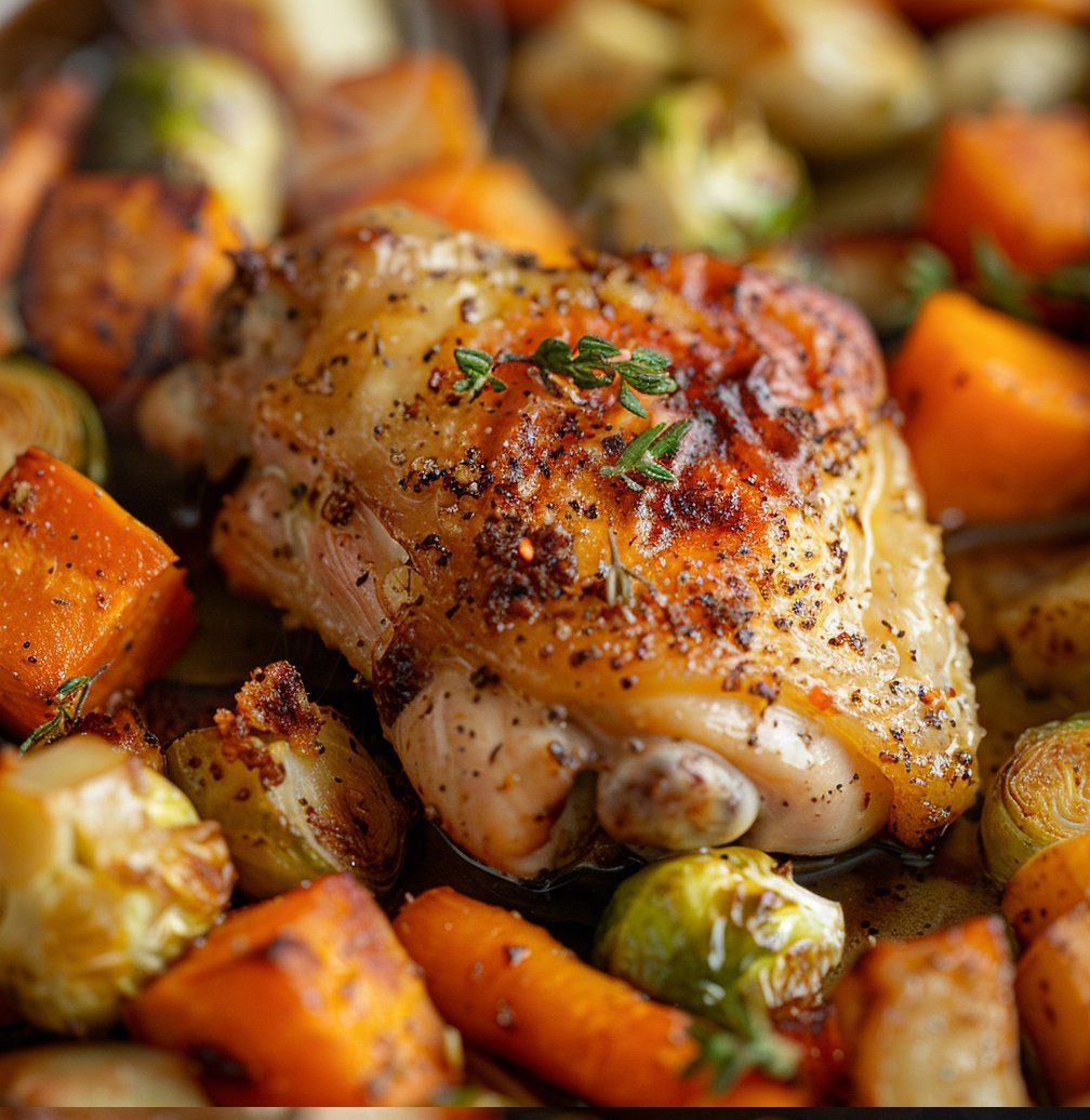  a close-up of a succulent chicken thigh resting on a bed of freshly roasted harvest vegetables.