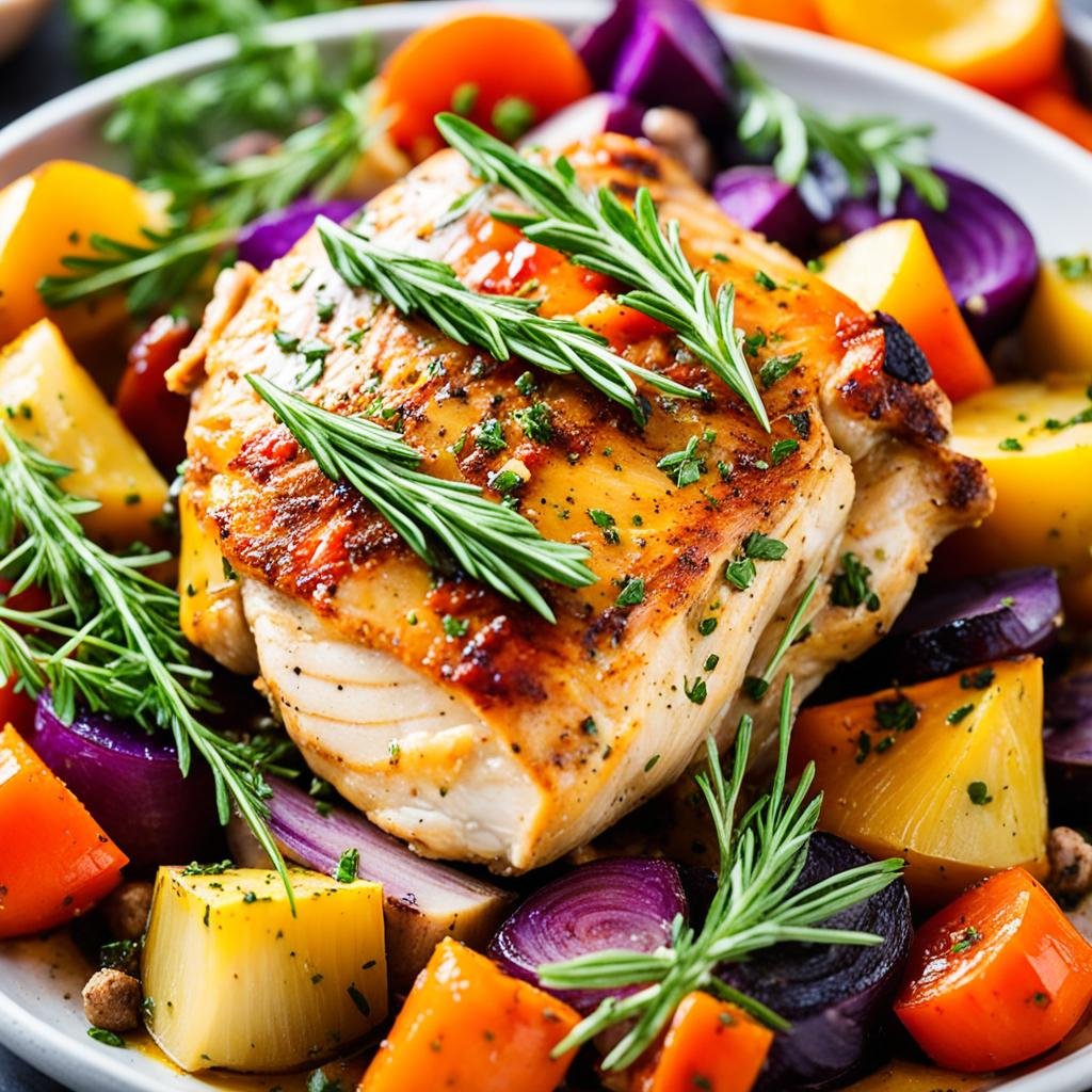 A close-up of a juicy chicken thigh sprinkled with fragrant herbs and spices, sitting on a bed of colorful roasted vegetables. 